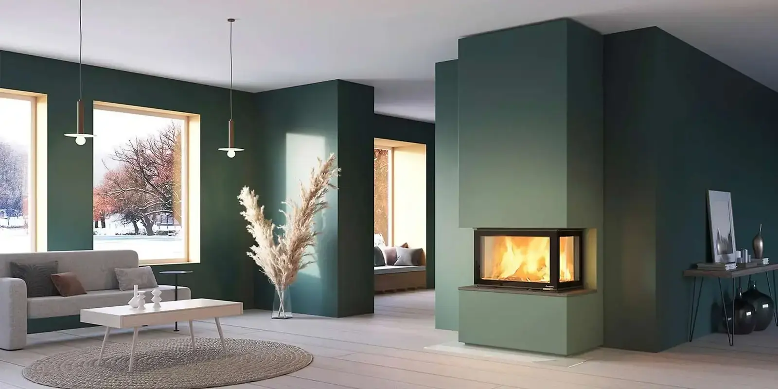 Blog maling – slik behandler og maler du din Nordpeis Elementpeis: høy hvit klebersteinspeis med koselige flammer i elegant grønn stue hos Peisbutikken.no