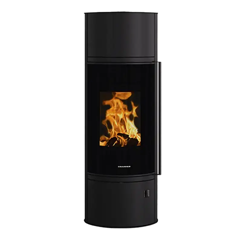 Oranier Arena W+ 2.0 pureBLACK – transparent produktbilde av sort vedovn hos Peisbutikken