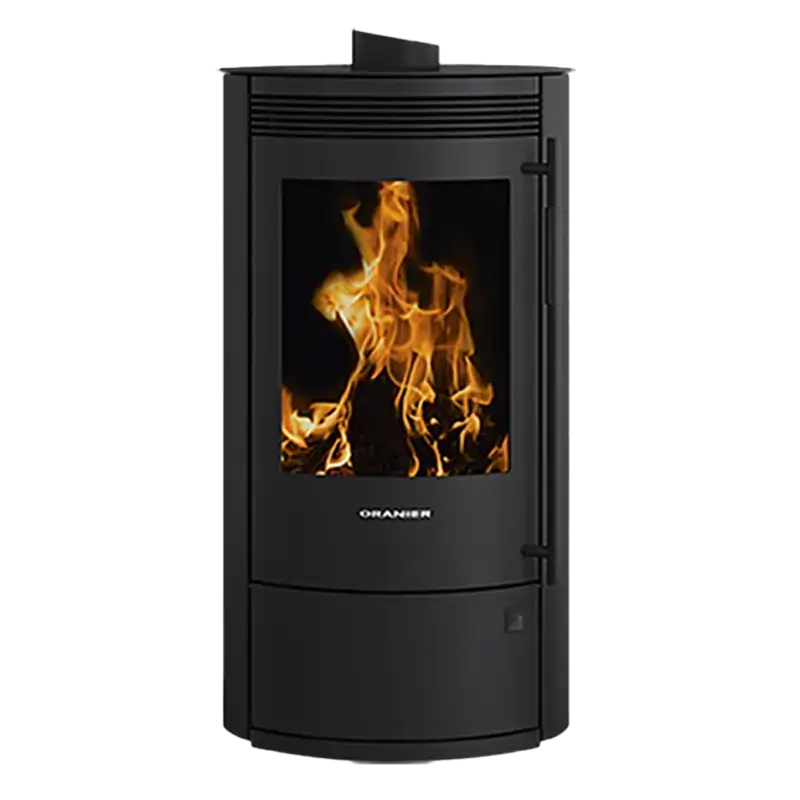 Oranier Arktis 7 2.0 pureBLACK – transparent produktbilde av kompakt sort vedovn hos Peisbutikken