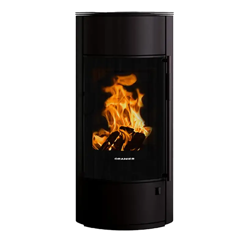 Oranier Polar Neo pureBLACK W+ – transparent produktbilde av sort kuleformet vedovn hos Peisbutikken
