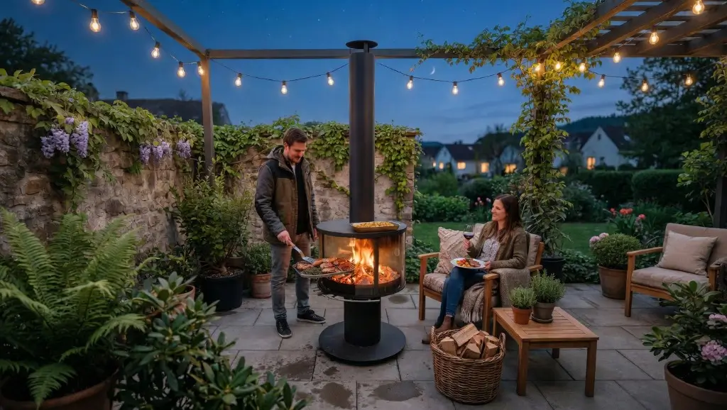 Par som griller på utepeis på terrassen en sommerkveld med lyslenker og grøntområde