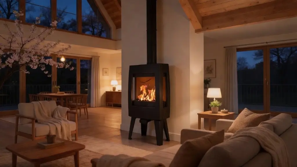 Contura peisovn med levende flammer i moderne stue ved skumring