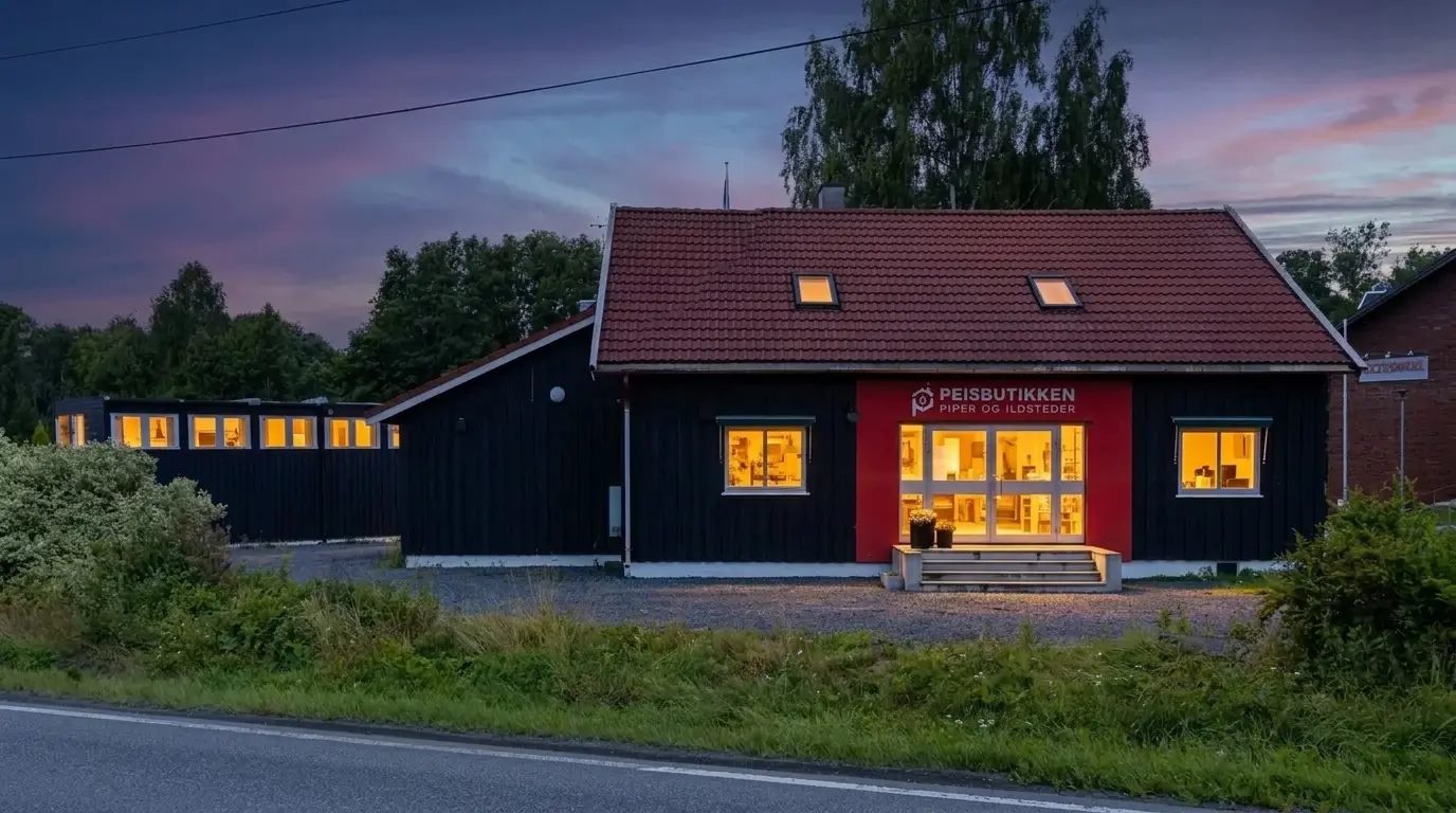Peisbutikkens showroom på Kolsås i Bærum — fasade og inngang