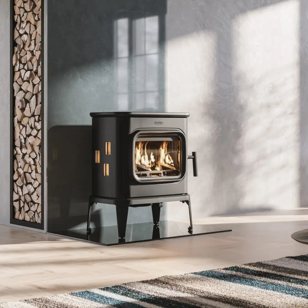 Dovre Saga 207 bilde – klassisk sort støpejerns vedovn med koselige flammer og vedlager i moderne stue hos Peisbutikken.no
