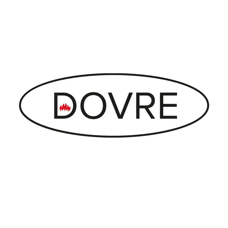 Dovre Peis-logo med oval ramme, merkenavnet «Dovre» og rødt flamme-symbol.