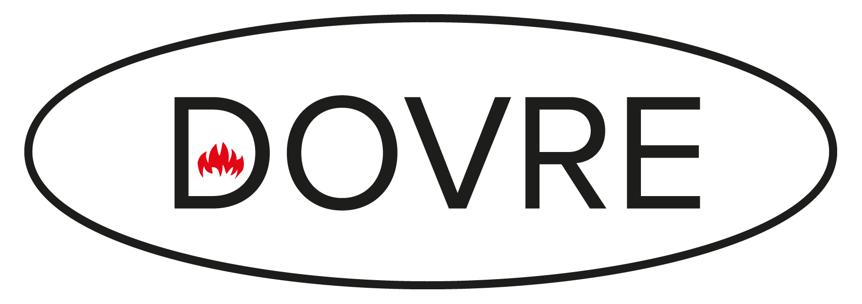 Dovre logo svart – offisiell svart Dovre logo med flammesymbol i oval ramme på gjennomsiktig bakgrunn hos Peisbutikken.no