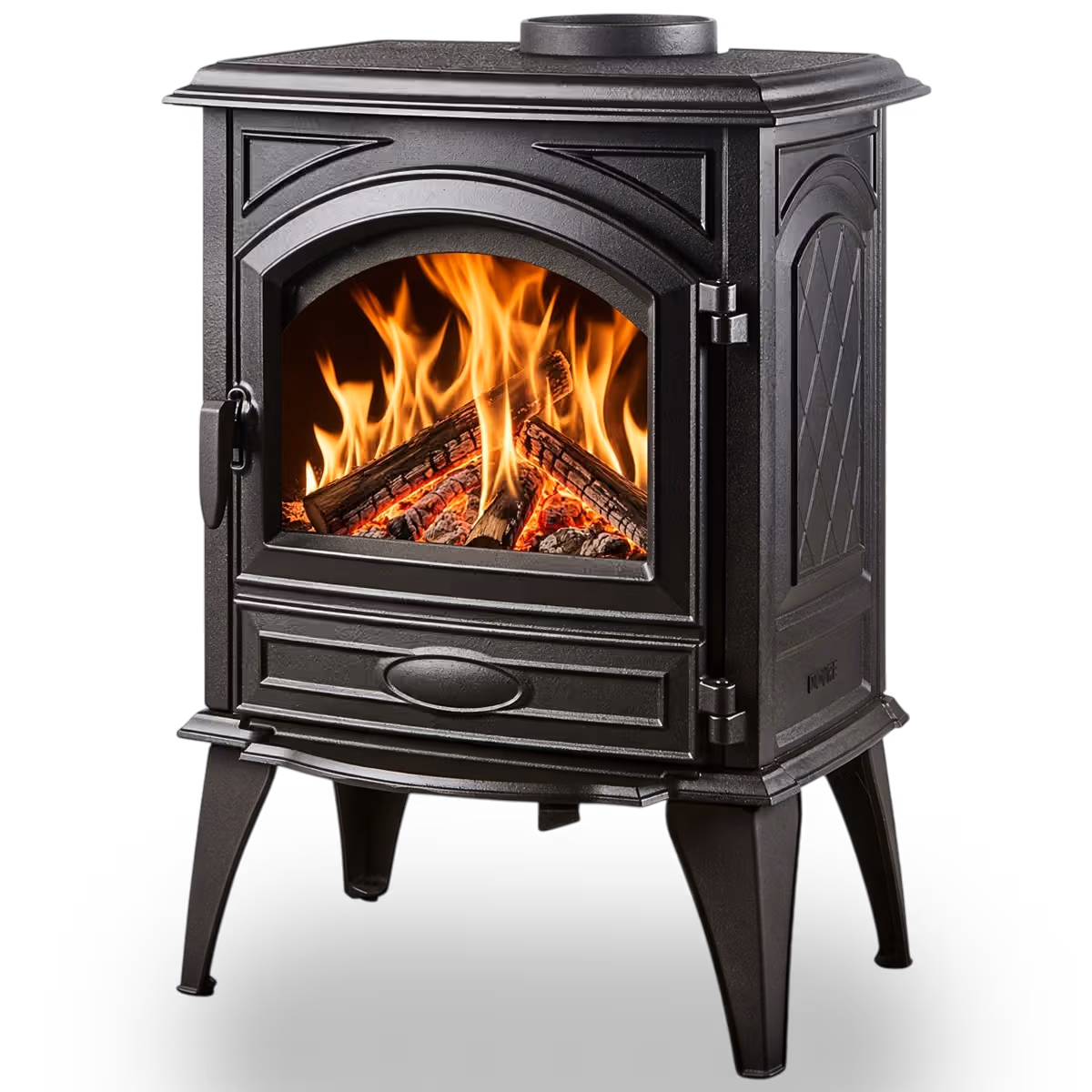 Dovre 540 W vedovn i støpejern med rutet sidepanel og brennende ild