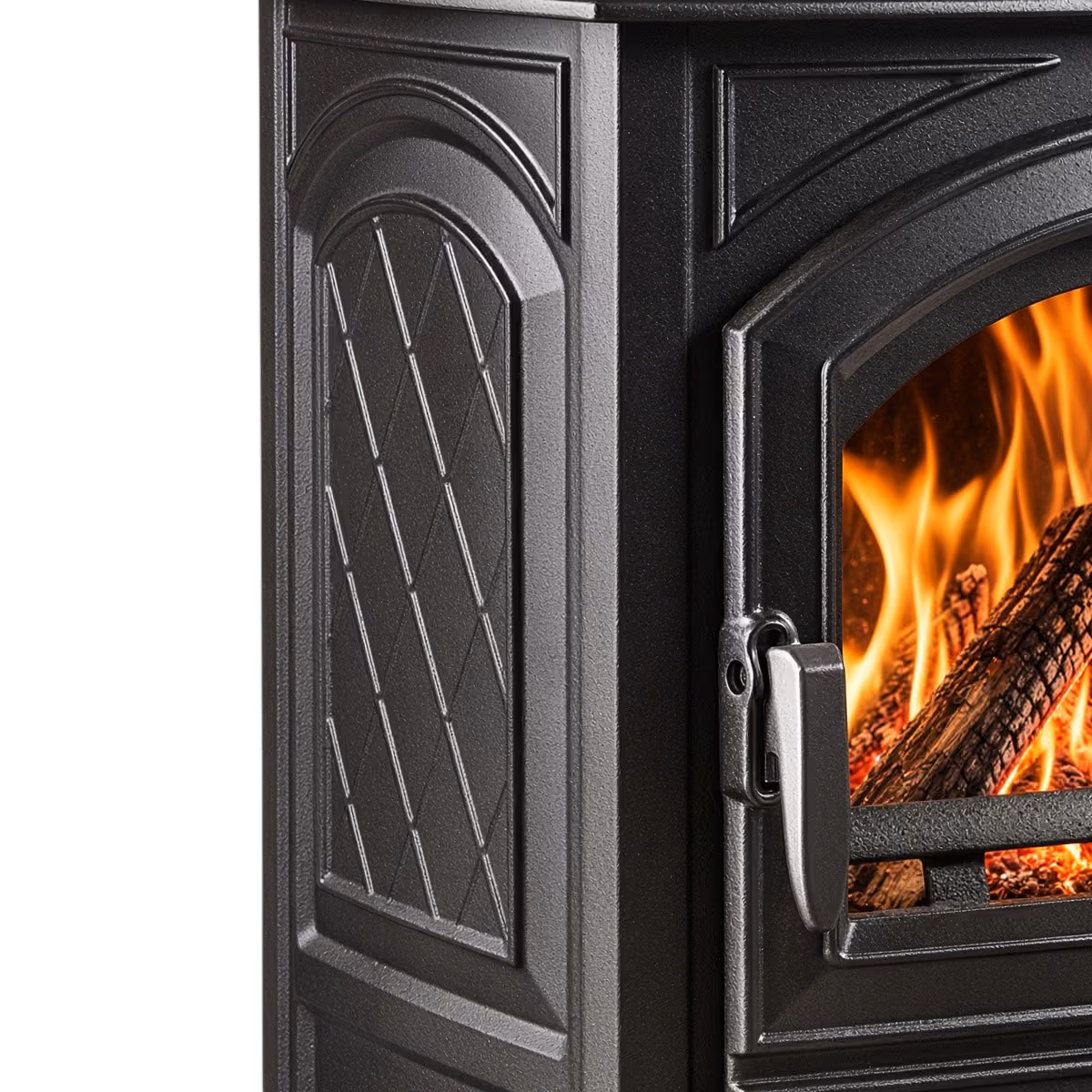 Dovre 540 W nærbilde av rutet sidepanel og dørhåndtak med brennende ild