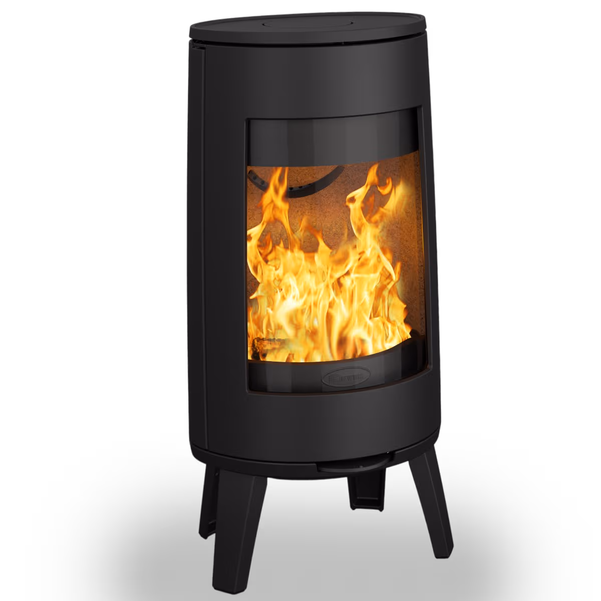 Dovre Bold 300 peisovn i støpejern med avrundet design og brennende ild