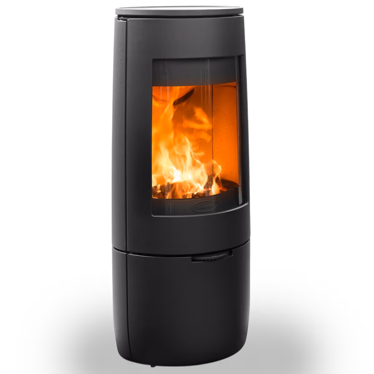 Dovre Bold 400 peisovn i støpejern med ovalt design og brennende ild sett fra siden
