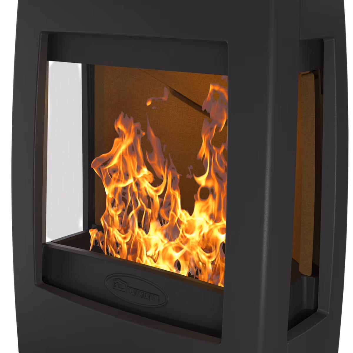 Dovre Sense 213 nærbilde av brennkammer med flammer og glass på tre sider