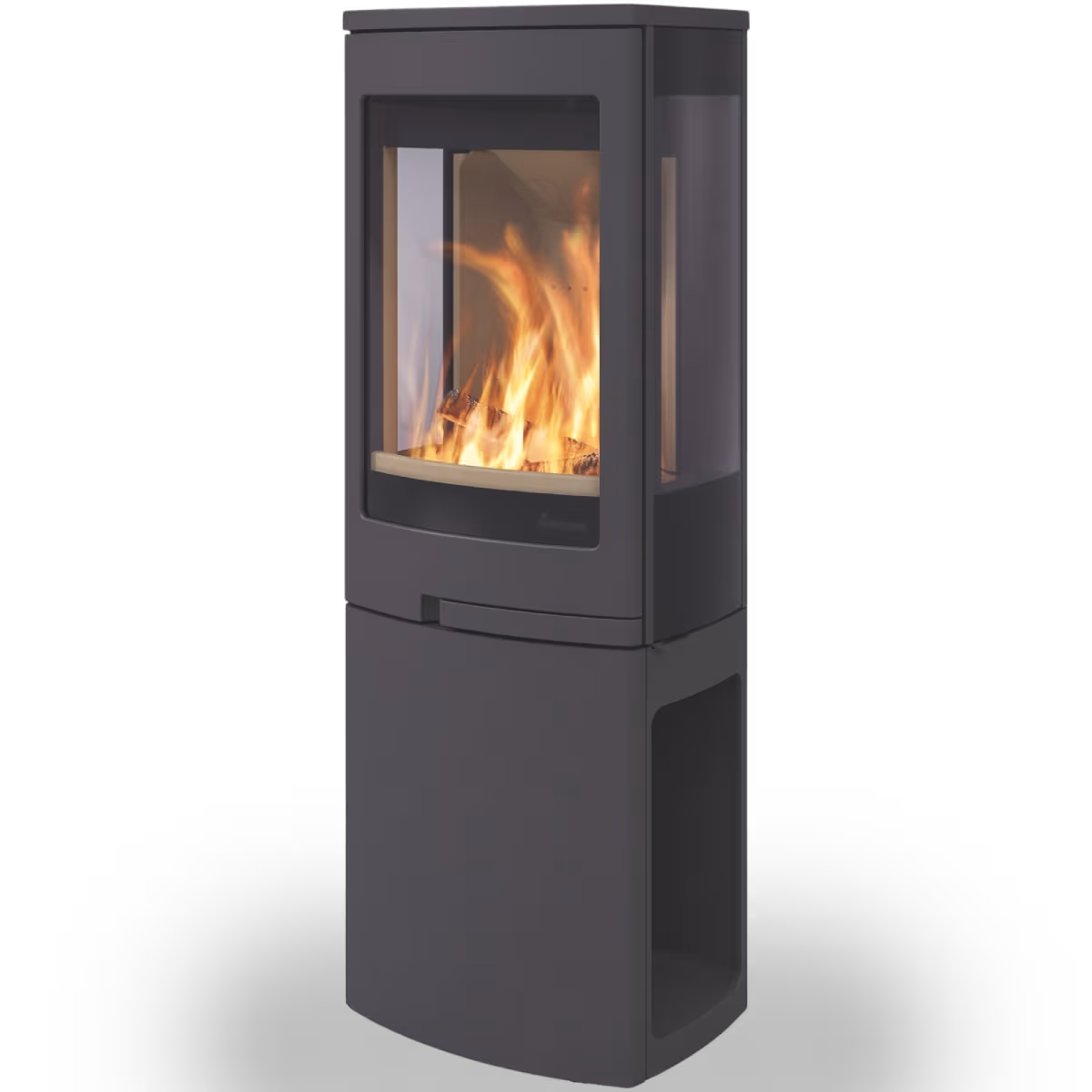 Nordpeis Duo 2 sort peisovn, høyrevisning med sideglass og synlige flammer
