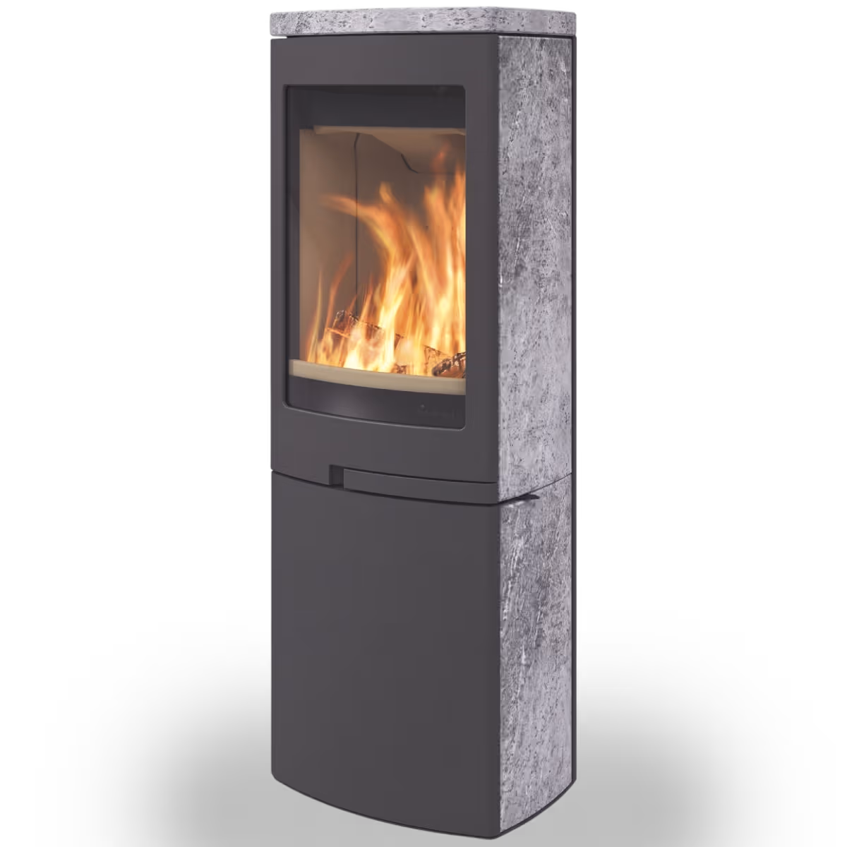 Nordpeis DUO 6 Kleberstein i trekvart profil med kleberstein på høyre side og topp, grått stål og ild