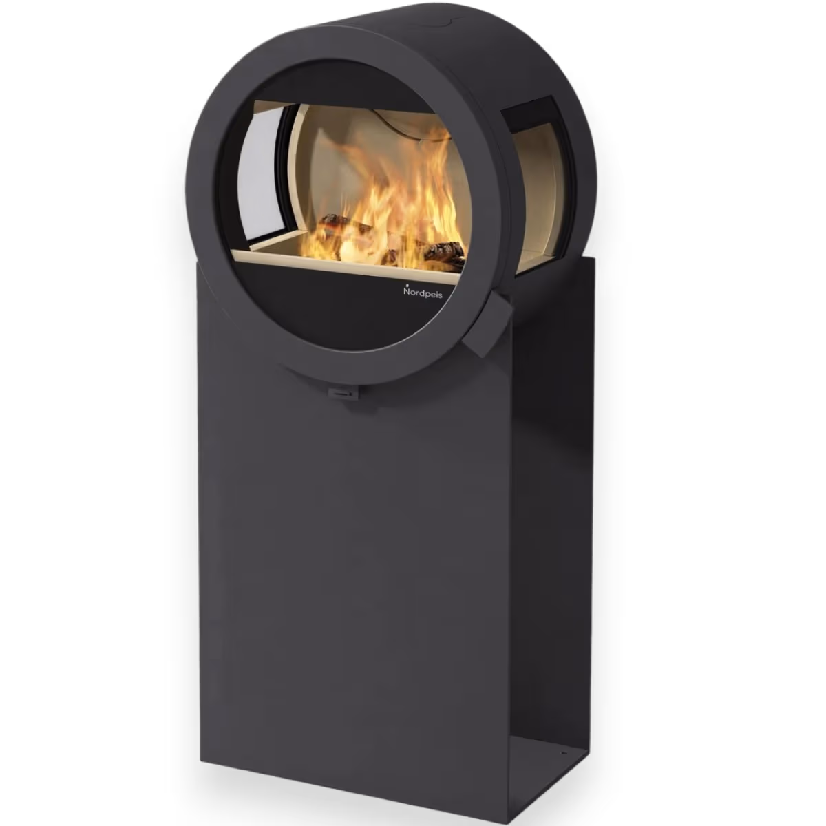 Nordpeis ME Steel med sideglass, rund sort peisovn med synlige flammer