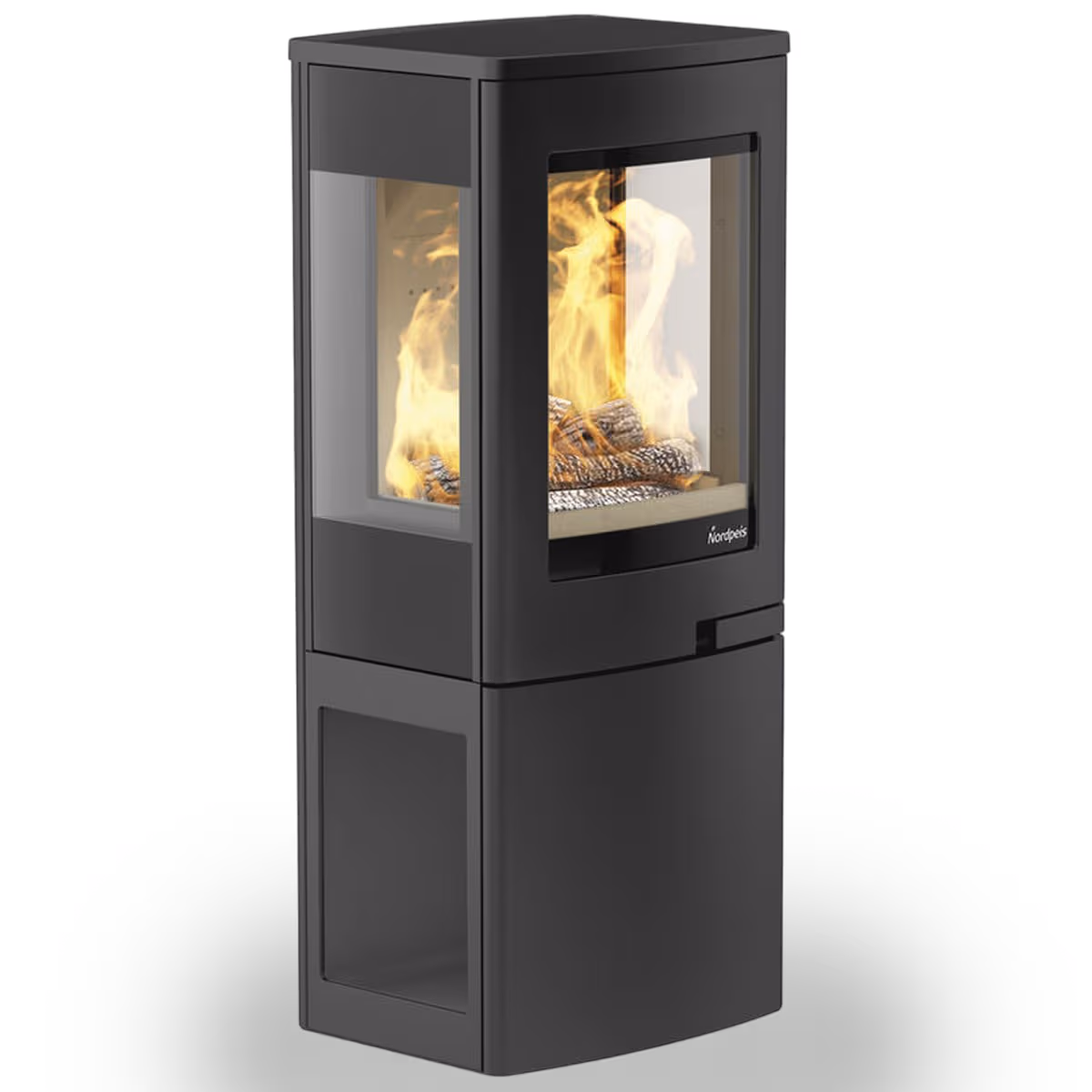 Nordpeis Uno 2 sort peisovn, sidevisning med sideglass og flammer