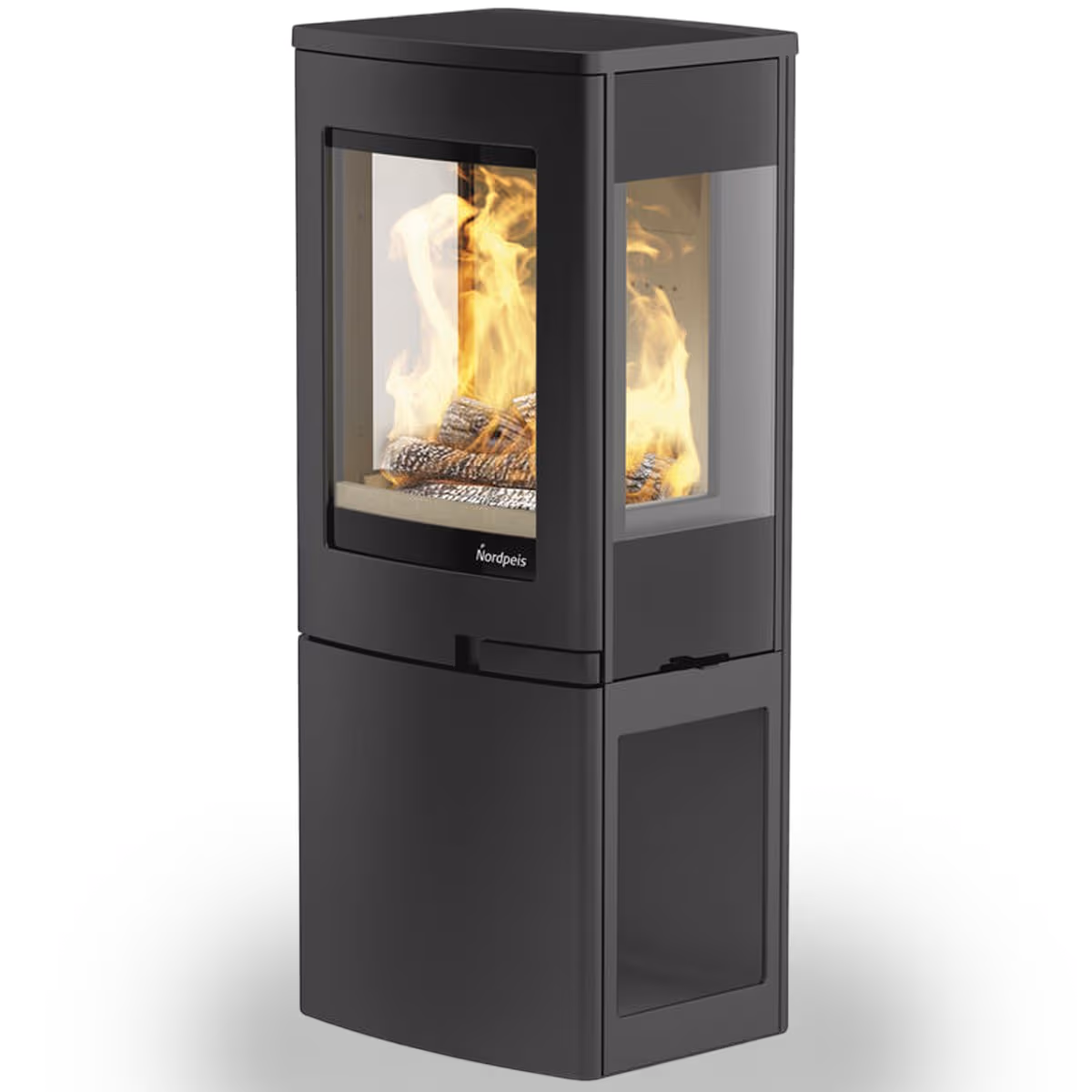 Nordpeis Uno 2 sort peisovn med tresidig glass og synlige flammer