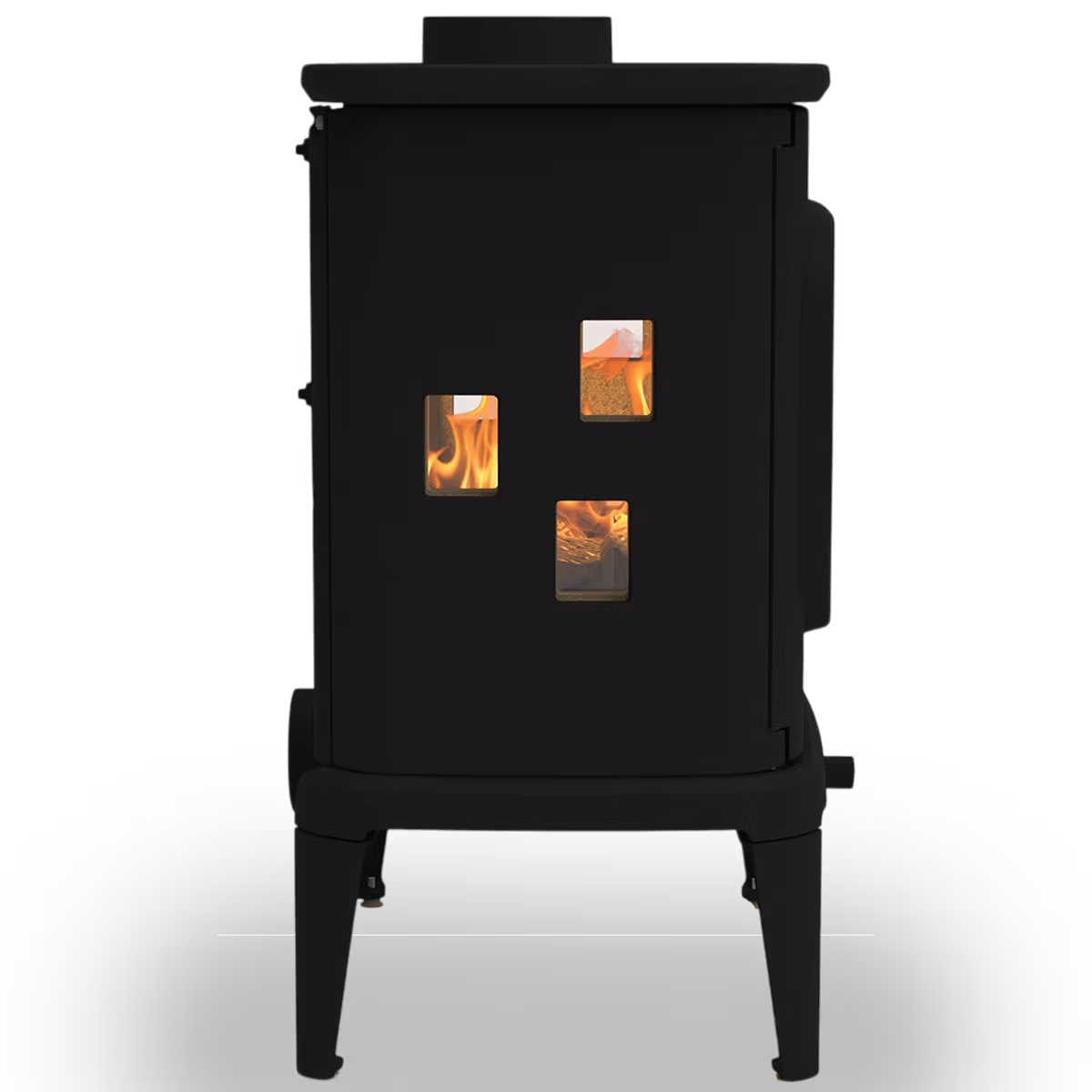 Dovre Saga 207 vedovn sett fra siden med tre sideglass og synlige flammer
