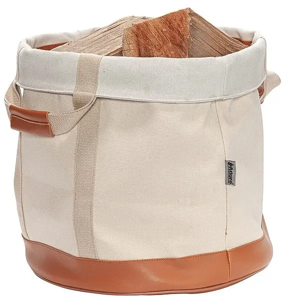 Beige vedkurv med lærdetaljer