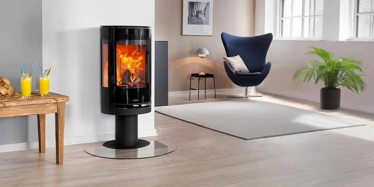 Aduro hero section bilde – elegant sort sylindrisk Aduro vedovn med koselige flammer på glasssokkel i lys moderne stue