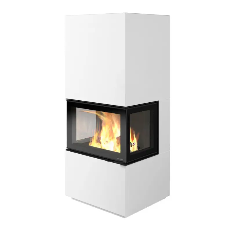 Nordpeis Davos U Høy mørk thermotte – høy hvit hjørne vedovn med dobbeltsidige flammer og mørk thermotte innvendig hos Peisbutikken.no