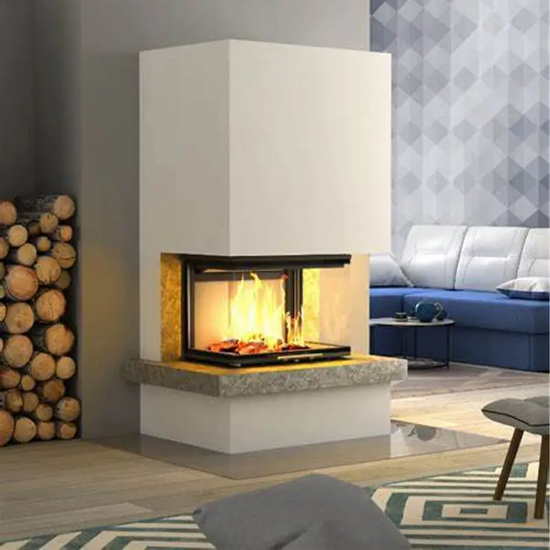 Hajduk Volcano blogg bilde – høy moderne hvit hjørnepeis med koselige flammer i lys skandinavisk stue hos Peisbutikken.no