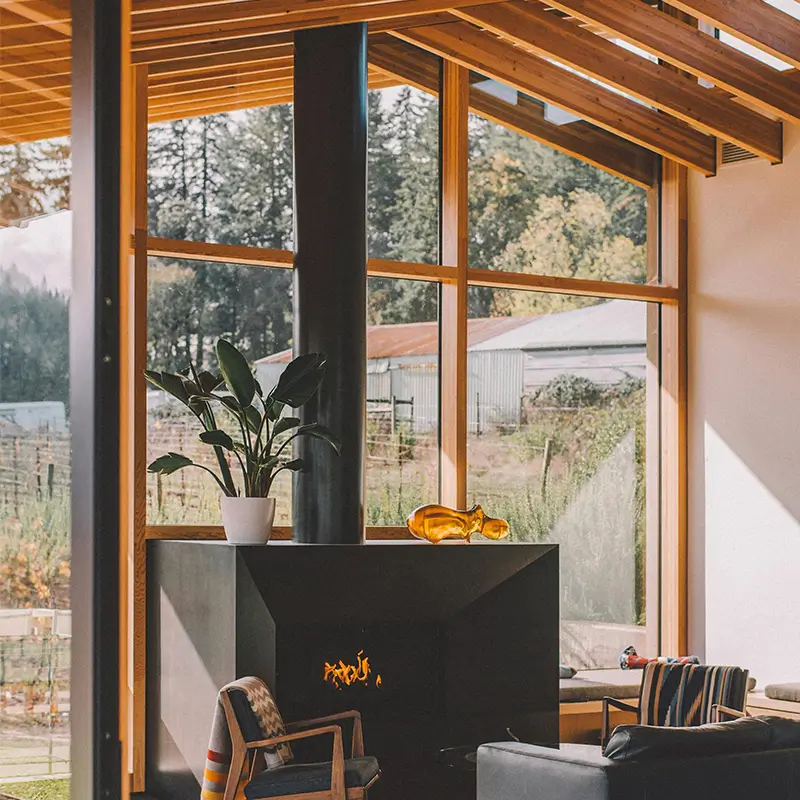 Stålpipe isolert blogg bilde – isolert sort pipeløp på moderne sort vedovn i koselig hytte-stil stue med skogsutsikt hos Peisbutikken.no