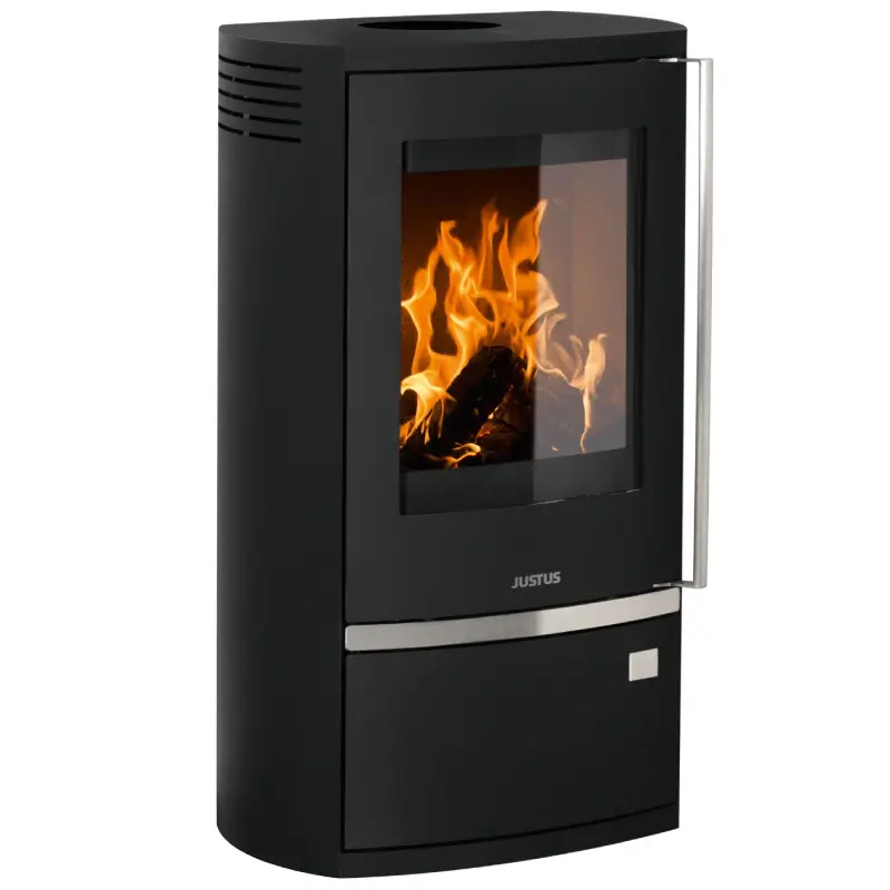 Elegant peisovn Justus Reno R Dauerbrand i sort stål med stort glassfront som viser klare flammer.