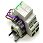 Rüegg koblingsrelé – grå DIN-skinne modul med tilkobling og lilla markering for peisstyring hos Peisbutikken.no