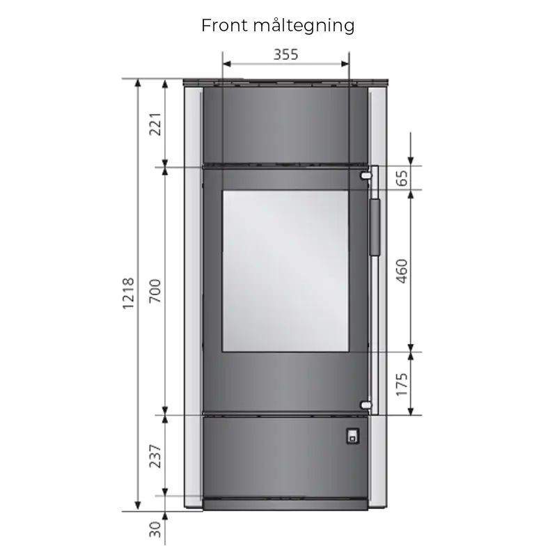 Oranier Polar Neo Vantage W+ front måltegning – dimensjoner for moderne ovn installasjon hos Peisbutikken.no