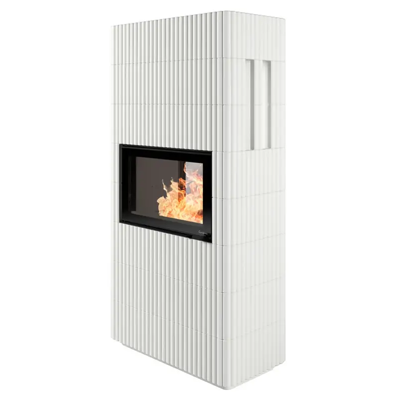 Nordpeis Wave T 3+3 mørk thermotte flisovn – hvite ribbede fliser med panoramiske flammer og mørk innvendig hos Peisbutikken.no