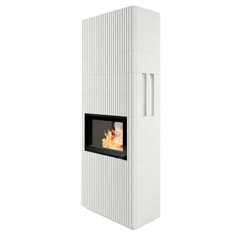 Nordpeis Wave T 3+5 mørk thermotte flisovn – hvite ribbede fliser med panoramiske flammer og mørk innvendig hos Peisbutikken.no