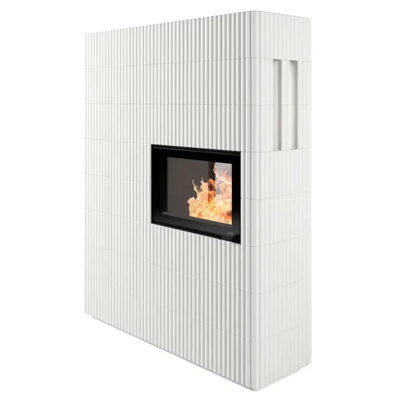Nordpeis Wave T Wide 3+3 flisovn – hvite ribbede fliser med panoramiske flammer hos Peisbutikken.no