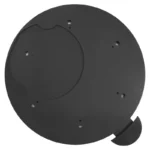 Sirkulær metallplate i matt sort med sentralt rundt utsparingshull, halvsirkelformet utsparing på motsatt side og flere mindre monteringshull, brukt som rotasjonsplate til Oranier Rota-peiser.