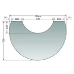 Oranier klart glass gulvplate til Polar Neo 8 W og Aqua – måltegning med 1000 mm bredde og buet front hos Peisbutikken.no