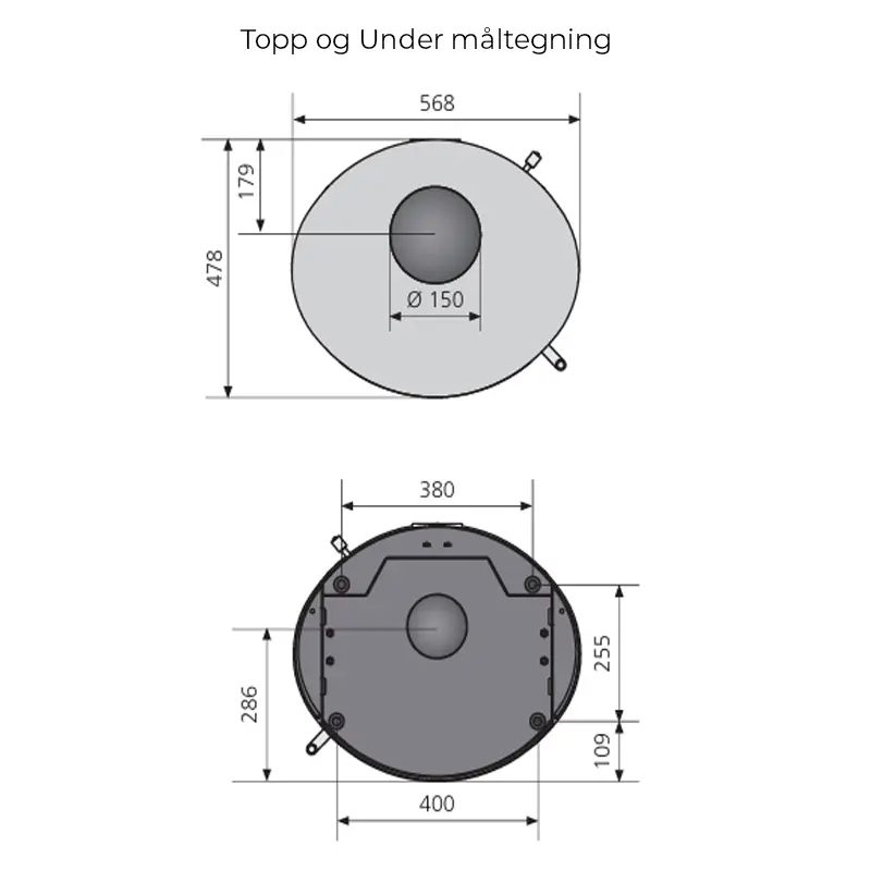 Topp- og bunnvisning av Oranier Polar Neo Vantage W+ peisovn med nøyaktige mål, inkludert total bredde (568 mm topp, 400 mm bunn), dybde (478 mm topp, 286 mm bunn), sentralt plassert røykrørsåpning (Ø 150 mm), og detaljerte dimensjoner for sokkel og midtre seksjon – nyttig for nøyaktig montering og klaring til vegg og gulv.