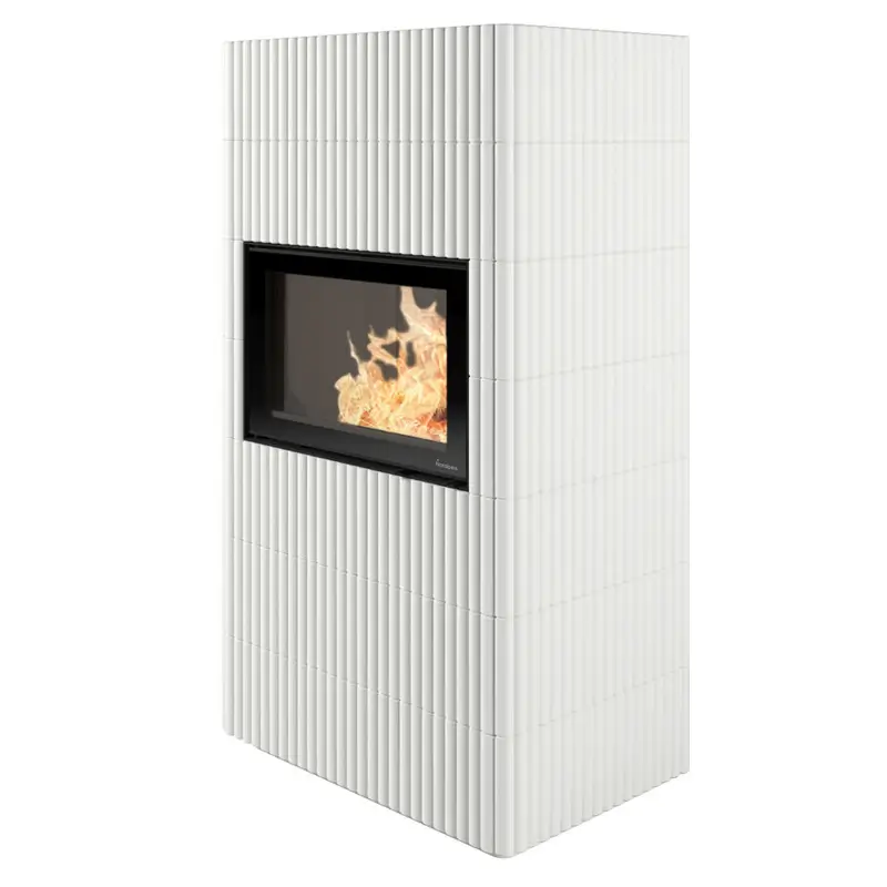 Nordpeis Wave F 3+2 mørk thermotte flisovn – hvite ribbede fliser med panoramiske flammer og mørk innvendig hos Peisbutikken.no