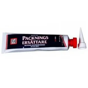 En 90 ml tube med svart Sealtite 210 silikonforsegling, med en rød hette og merking på svensk for "Packningsersättare" (pakningsersättning), ideell for høy temperaturapplikasjoner.