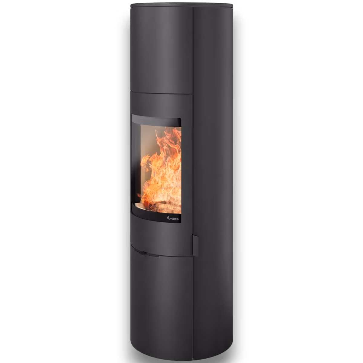 Nordpeis Origo High og DV lys Thermotte sort peisovn med stor glassdør og synlige flammer