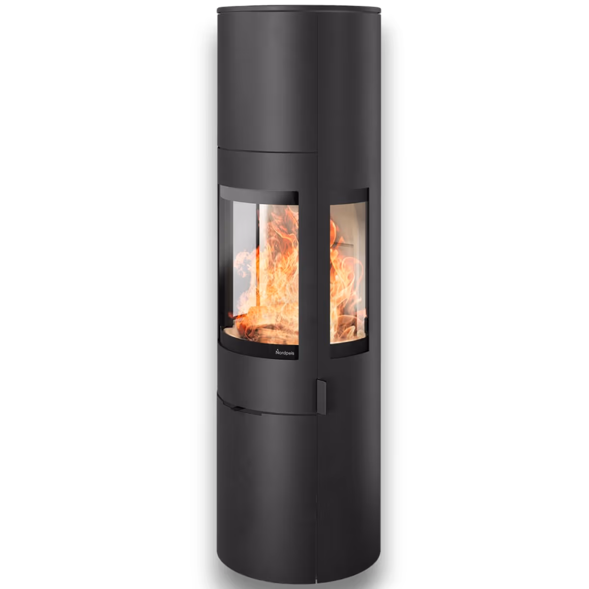 Nordpeis Origo High og DV med sideglass, lys Thermotte, sort stålpeisovn med synlige flammer