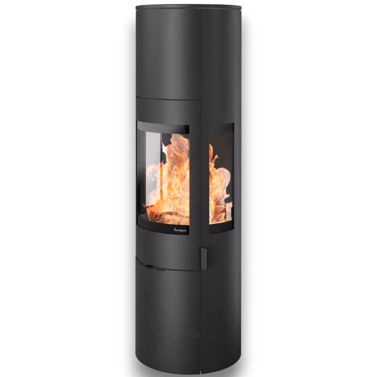 Nordpeis Origo High og DV med sideglass, mørk Thermotte, sort stålpeisovn med synlige flammer