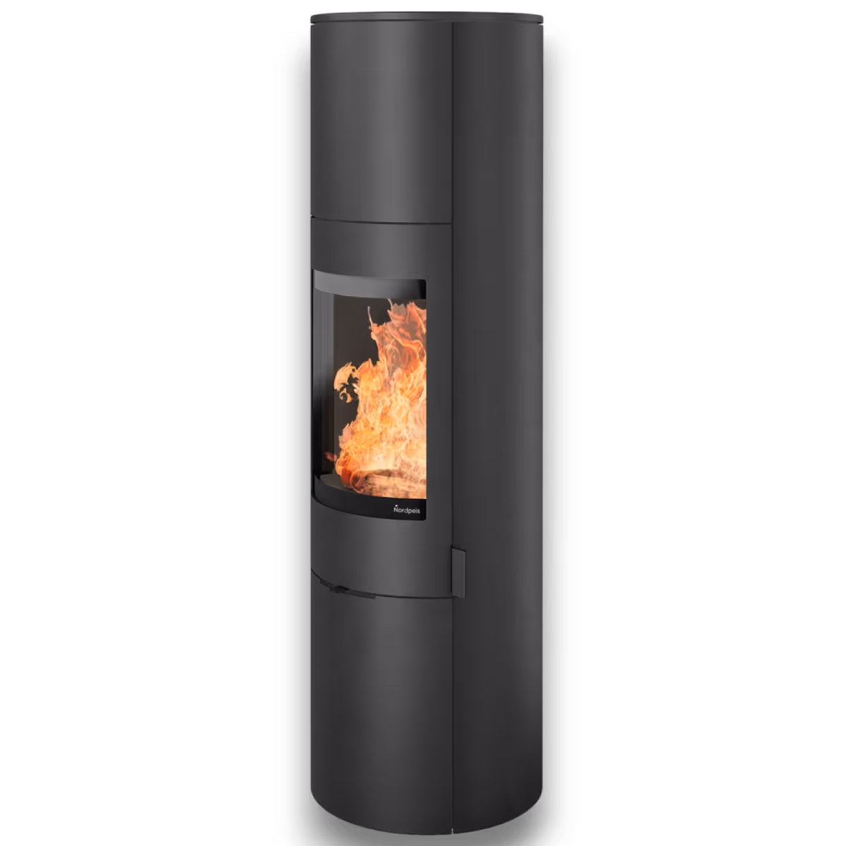 Nordpeis Origo High og DV mørk Thermotte sort peisovn med stor glassdør og synlige flammer