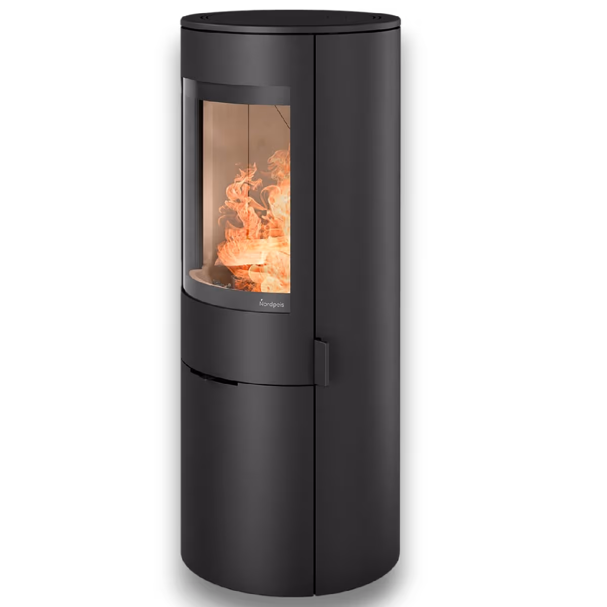 Nordpeis Origo og DV lys Thermotte sort peisovn med stor glassdør og synlige flammer