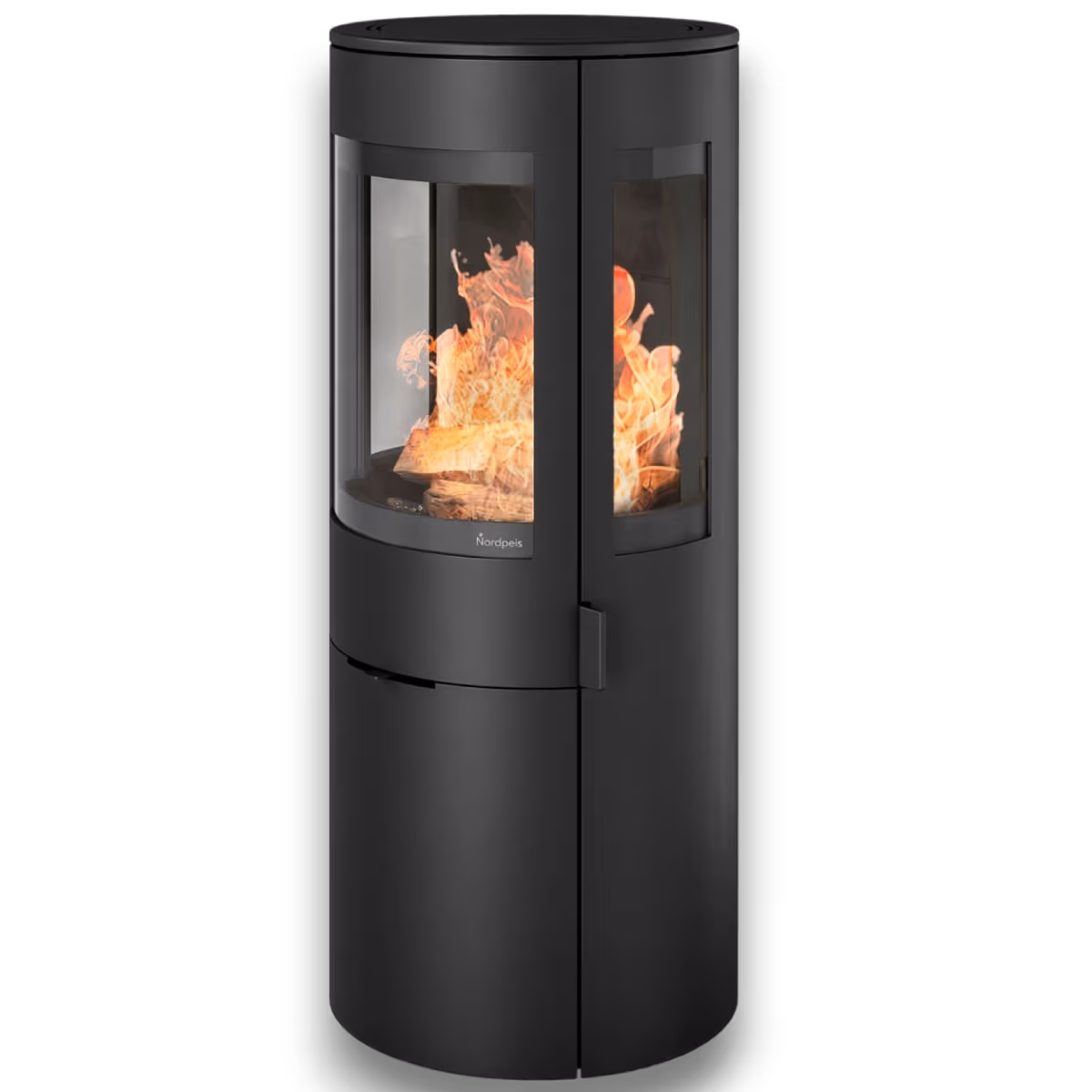 Nordpeis Origo og DV med sideglass, mørk Thermotte, sort stålpeisovn med synlige flammer
