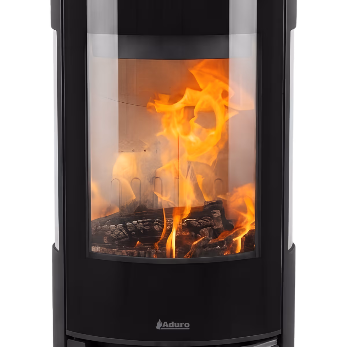 Et nærbilde av glassdøren og den brennende ilden inne i den sorte Aduro 9.3 Lux peisovnen.