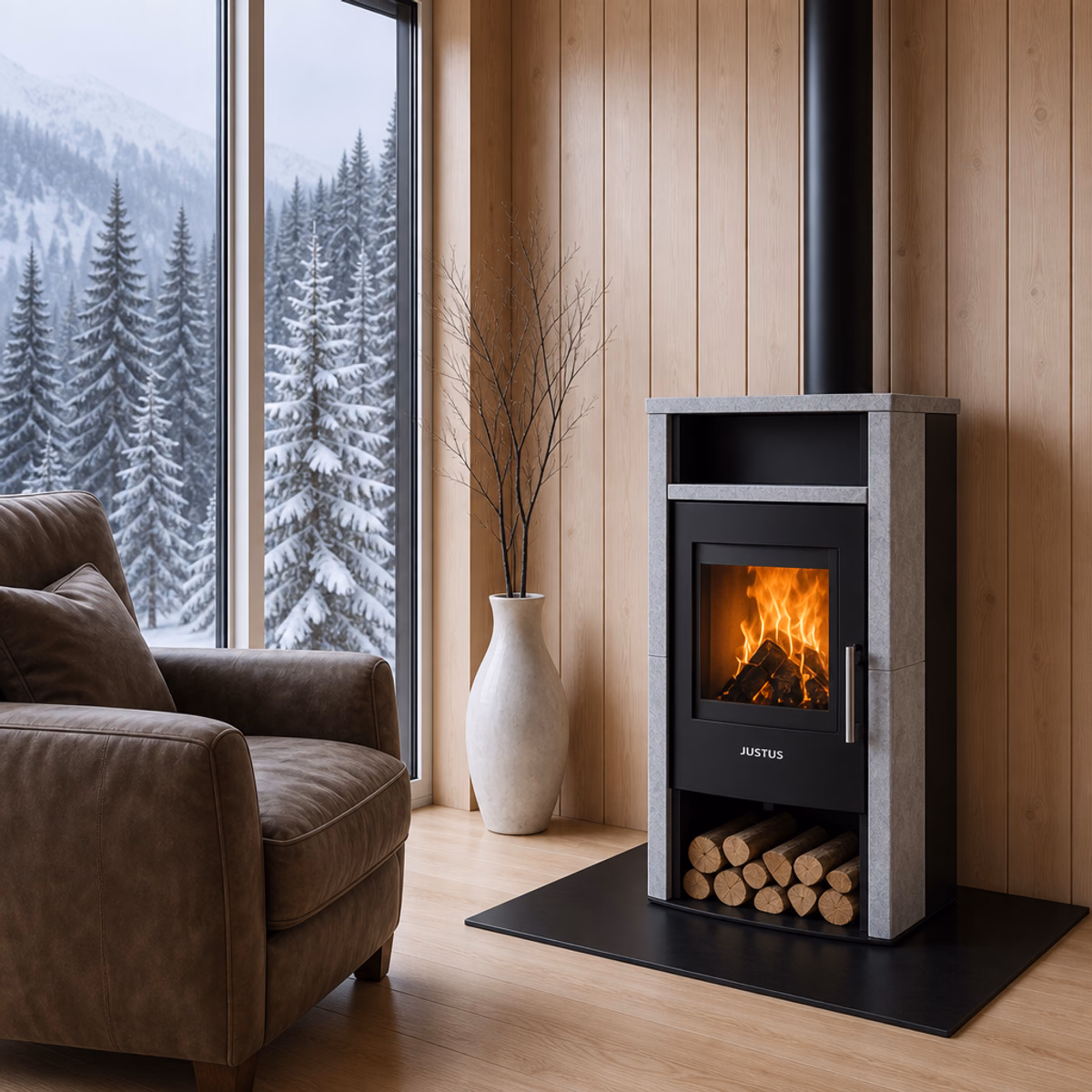 JUSTUS Lara peisovn med kleberstein og brennende flammer i moderne stue med brun skinnlenestol, hvit vase og stort vindu mot snødekt skog