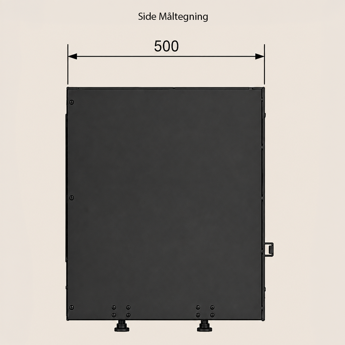 Side teknisk tegning av Rüegg Aera peisovn som viser totaldimensjon 500 mm, sort rektangulær kropp med sidedetalj og sokkel